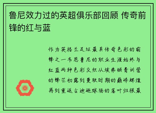 鲁尼效力过的英超俱乐部回顾 传奇前锋的红与蓝