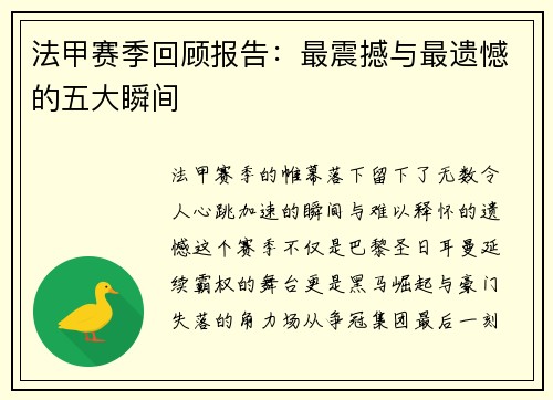 法甲赛季回顾报告：最震撼与最遗憾的五大瞬间