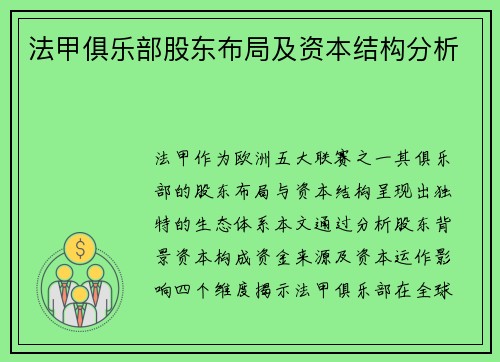 法甲俱乐部股东布局及资本结构分析